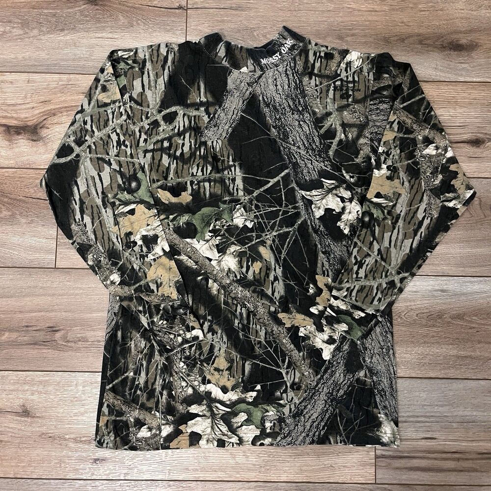 Vintage Mossy Oak Breakup Camo Mock Neck Hunting Long Sleeve T-Shirt L USA Made